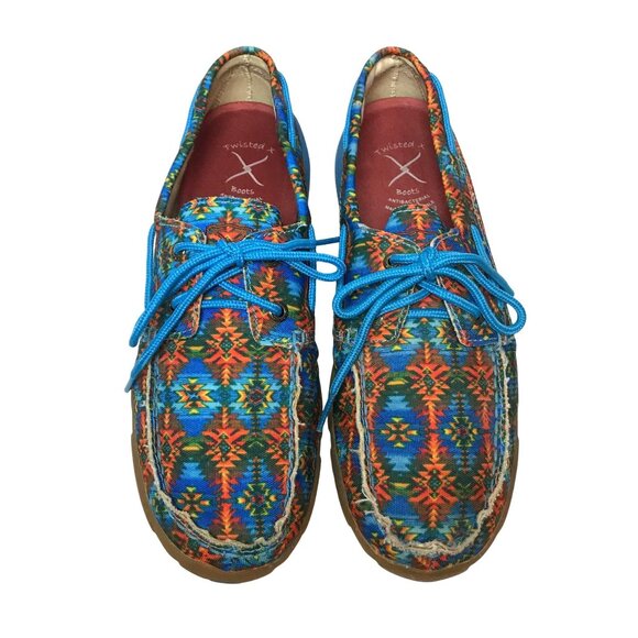 Twisted X Women's 8M Canvas Boat Shoe Driving Mocs Blue Aztec - Picture 2 of 9